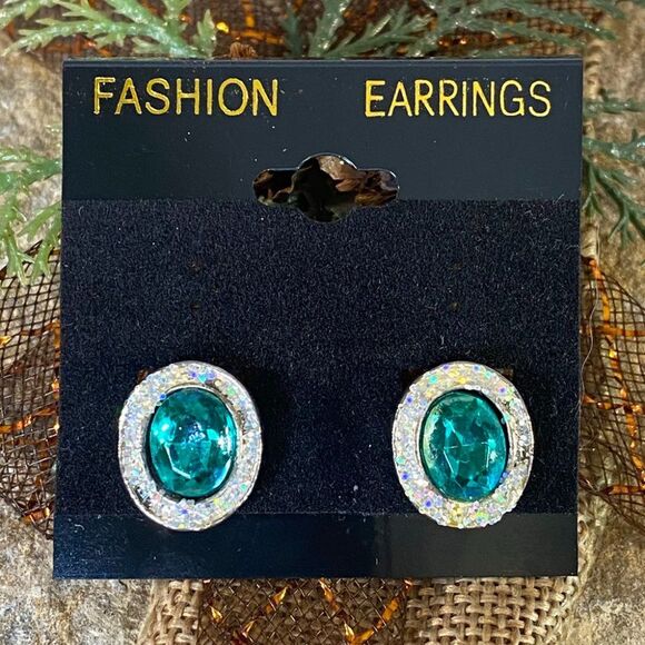 Emerald Colored Earrings with Rhinestone Frame Post Backs - Picture 1 of 4